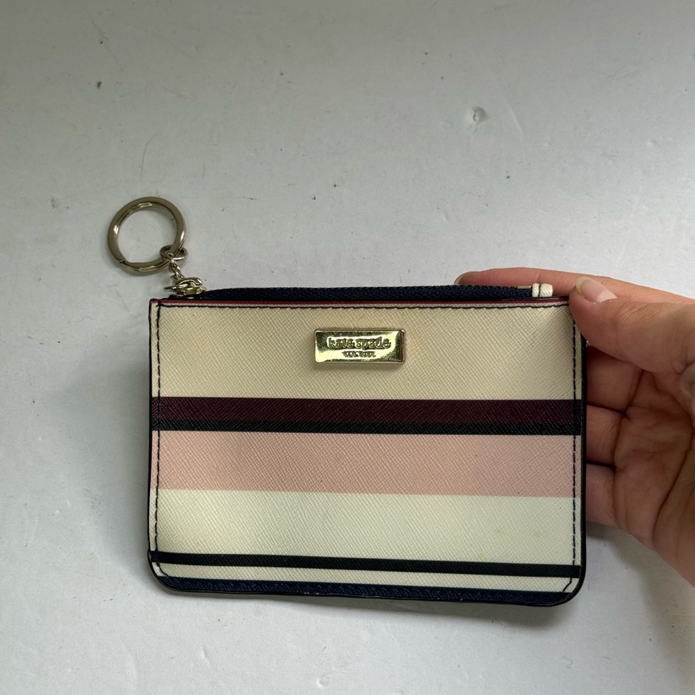 Kate Spade Laurel Way Bitsy Card Holder Zip Top w Keyring Blue Pink Stripe